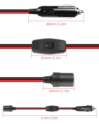 12V 24V Cigarette Lighter Male Plug to Socket Power Cable,16 AWG Heavy Duty 15A Car Cigarette Lighter Male to Female Outlet Extension Cord with On Off Switch for Cars,Boats, etc.(0.6M/2FT)