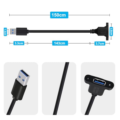Panel Mount USB A 3.0 Extension USB Panel Mount Cable 5Gbps Data Transmit and Power Supply for Laptops PC, Car Boat Dashboard Panel (USB A, 1.5 m/ 4.9 ft) - color: USB A, size: 1.5 M/ 4.9 Ft