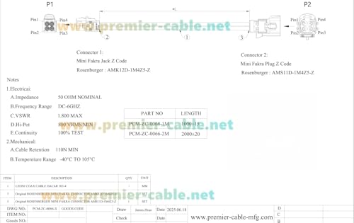 4 in 1 Rosenberger HFM Mini FAKRA Z Code Male to Female RF Coaxial Cable Quad AMS11D-1M4Z5-Z to AMK12D-1M4Z5-Z Vehicle Automotive GPS Antenna Cable for Car Camera, ADAS, Autonomous Driving (2M/6.6FT) - size: 2M/6.6FT