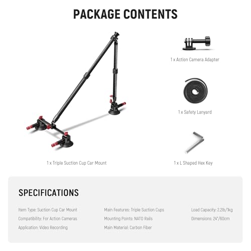 NEEWER Triple Suction Cup Car Mount Kit, Carbon Fiber Camera Mount with Action Camera Adapter, NATO Rail & 24"/60cm Extension Pole Compatible with GoPro Insta360, 2.2lb/1kg Max Load, CA136 - style: CA136
