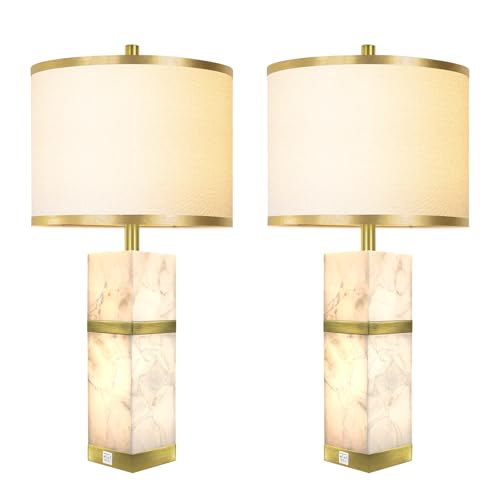 Scenekoy 27" Alabaster Table Lamps Set of 2 with Night Light for Bedroom - color: Gold