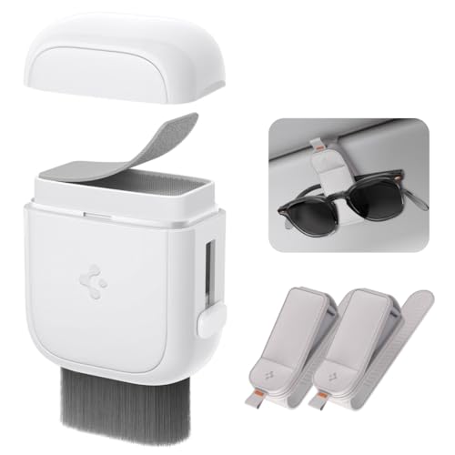 Spigen EZ Slide & Brush Screen Cleaner for Car (White) with 2 Pack Magnetic Vegan Leather Sunglass Holder for Car Sun Visor (Gray)