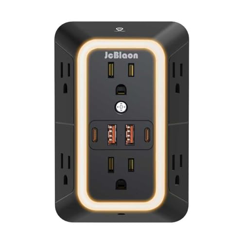 Wall Outlet Extender with Night Light, Power Plug Adapter 6 Outlet Extender with 4 USB Charging Ports(2 USB C),1050J Power Strip Multi Plug Adapter Spaced for Home Office Travel-Black-ETL - color: Black-1Pcs
