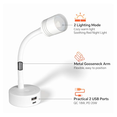 12V Dimmable Reading Light, RV LED Lamp with USB-A & USB-C Charger - color: White