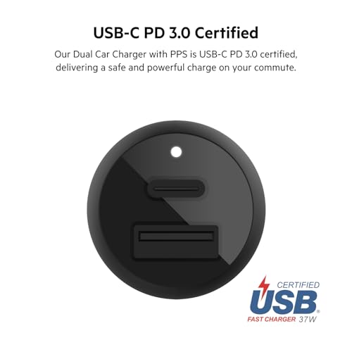 Belkin 37-Watt Dual USB Car Charger - Power Delivery 25W USB-C Port & 12W USB-A Port for PPS Charging Apple iPhone, Samsung Galaxy, AirPods, & More - size: 1.0 inches, style: Dual USB-A & C 37W