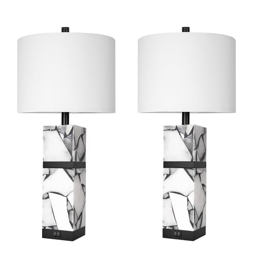 Scenekoy 27" Alabaster Table Lamp Set of 2 with Night Light for Living Room - color: Black