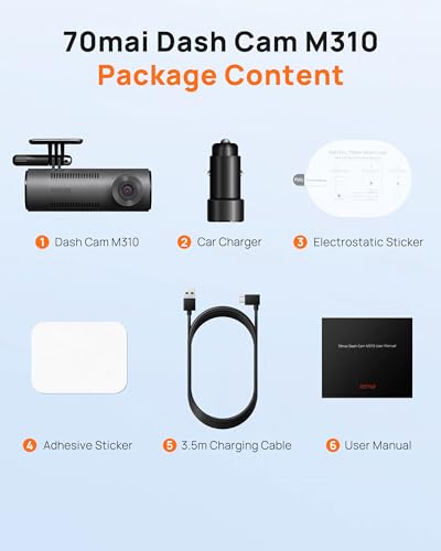 70mai Dash Cam M310, Dash Camera for Cars 1296P QHD, Smart Dash Cam Front Built in WiFi, 130° Wide-Angle FOV, WDR, Night Vision, iOS/Android Mobile App, Loop Recording, Parking Monitor, Time-Lapse