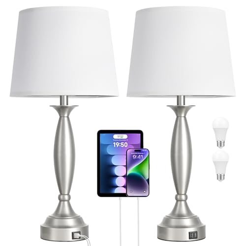 Bedroom Lamps for Nightstand, 3 Way Dimmable Silver Bedside Lamps with USB - color: B. White Shade & Nickel Base, size: Large(25.5 In)