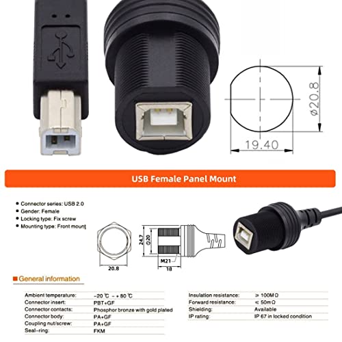 chenyang USB 2.0 Type B Printer Scanner Flush Mount Male to Female Extension Cable for Car Dashboard Panel Mount Waterproof Dustproof - style: USB 2.0 Type B