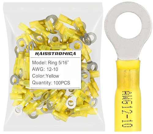 haisstronica 100PCS Heat Shrink Ring Terminals, 12-10 AWG, 5/16 in, Yellow - color: Yellow, size: Ring 5/16"