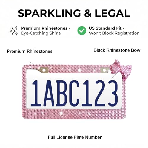 Wanheart 1 Pack Pink Bling License Plate Frame with Pink Corner Bow - color: Pink Frame + Pink Bow