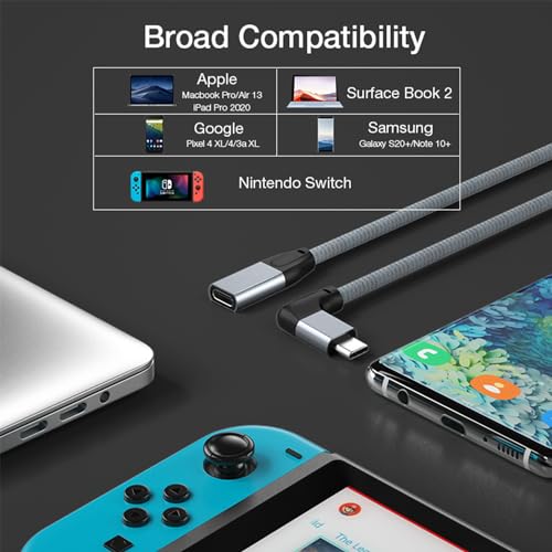 Right Angle USB C Extension Cable 1.6FT, USB-C 3.2 Male to Female Cable - color: GRAY, size: 1.6FT