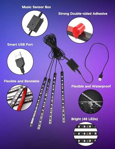 YUGUANG 4Pcs Car Interior Lights, USB LED Lights for Car with App Control Multicolor Music Sync DIY Light Mode, RGB Car Inside Ambient Lighting Kit