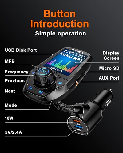 Bluetooth FM Transmitter for Car, 1.8" Display, AUX in/Out, 18W Fast Charge - color: 18W/5V-Black