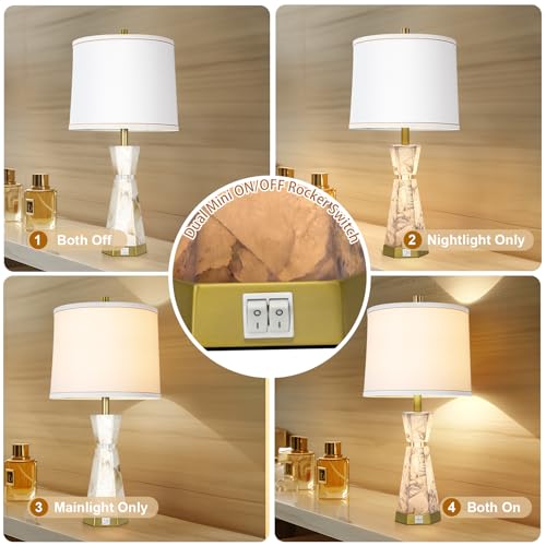 Scenekoy 27" Modern Alabaster Table Lamp Set of 2 with Night Light, USB A+C - color: White