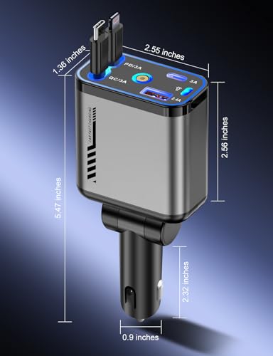 Retractable Car Charger 120W Fast Charging with Starlight,4 in 1 Universal Car Phone Charger,Built-in Type-C & Applehead Cable,Car Road Trip Retractable Accessory for iPhone,IPad,Samsung Galaxy,Pixel