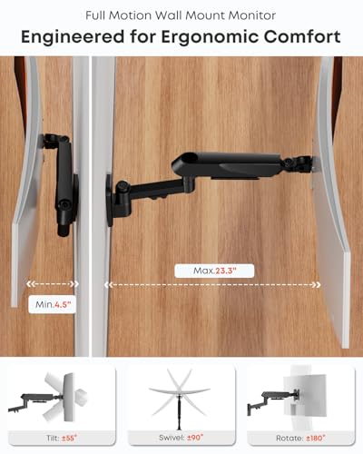 Heavy Duty Single Monitor Arm Wall Mount fits 27-45 Inch Flat/Ultrawide - size: 27 - 45 Inch, style: Single Arm