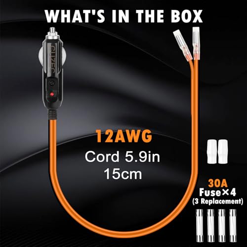 Cigarette Lighter Male Plug 12V Fused Replacement 1 Pack, Male Cigarette Lighter Plug Adapter with Leads & LED Light, 12v Plug Connector Socket 1FT 12AWG Extension Cable with 30A Fuse (0.5ft/15cm) - size: 0.5ft/15cm