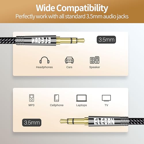 Elecan 3.5mm AUX Cable 15 Ft/2 Pack (Hi-Fi Sound-Zinc Alloy Case-OD 3.5MM-Ultra Slim&Soft) Auxiliary Stereo Audio Cable Braided 1/8 inch 3.5 mm AUX Cord for Headphones,Car,Home Stereos, Speaker,Phones - size: 15FT-2PK, style: Straight to Straight