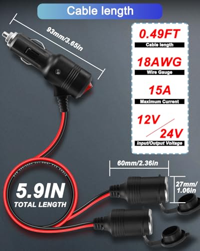 12V 24V Cigarette Lighter Splitter,1 to 2 Car Cigarette Lighter Cable, Dual Socket with ON/Off Switch, 18AWG 15A Power Extension Cable for Car Refrigerator, Tire Inflator Etc-15cm/5.9in
