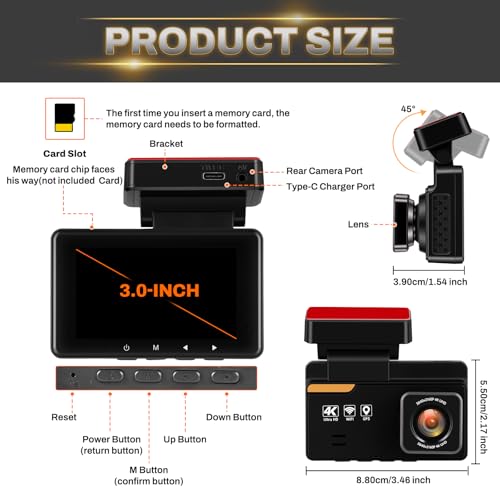 SIXTOP 4K Dash Cam Front and Rear, 4K+1080P Dual Dash Camera for Cars with 64G Card, GPS, BSD/ADAS/LCA Night Vision WDR WiFi &App Control G-Sensor 3” IPS Screen Loop Recording 24H Parking Mode