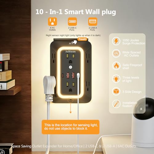 Wall Outlet Extender with Night Light, Power Plug Adapter 6 Outlet Extender with 4 USB Charging Ports(2 USB C),1050J Power Strip Multi Plug Adapter Spaced for Home Office Travel-Black-ETL - color: Black-1Pcs