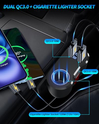120W 2*QC3.0 Outlet Cigarette Lighter Socket Splitter LED Voltmeter - color: Black Blue, size: 1P