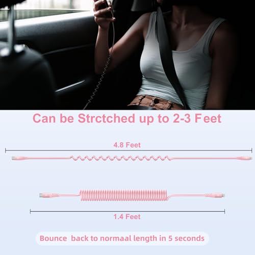 USB C to Lightning Cable 3FT for Car, Coiled iPhone Charger Fast Charging - color: Pink, size: 3FT, style: Usb C to Lightning