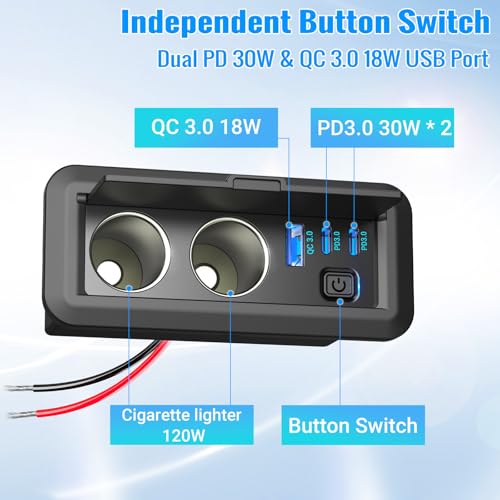 Dual Cigarette Lighter Socket 12V Splitter Panel 78W 12V USB Outlet Dual USB C PD and QC3.0 Port Car Charger Power Outlet with ON/Off Switch 15A Fuse Adapter for Car Boat Marine RV, etc