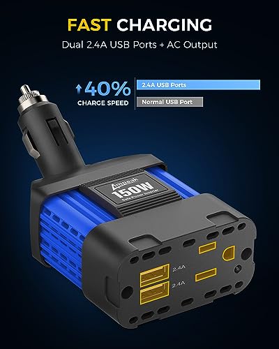 Ampeak 150W Car Power Inverter, 12V DC to 120V AC, Cigarette Lighter Plug - color: 150W Blue
