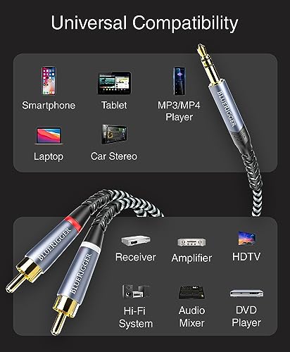 BlueRigger 3.5mm to RCA Audio Cable (10FT, RCA Male to Aux Audio, Braided, Headphone Jack Adapter, Metal Shell) - for Phones, Amplifiers, Tablets, Home Theater, Speakers, HDTV - size: 10FT, style: Regular