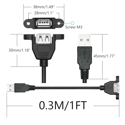 USB 2.0 Panel Mount Extension Cable 1FT, with Ears Emale Socket and Screws - style: 1FT - 2Pcs