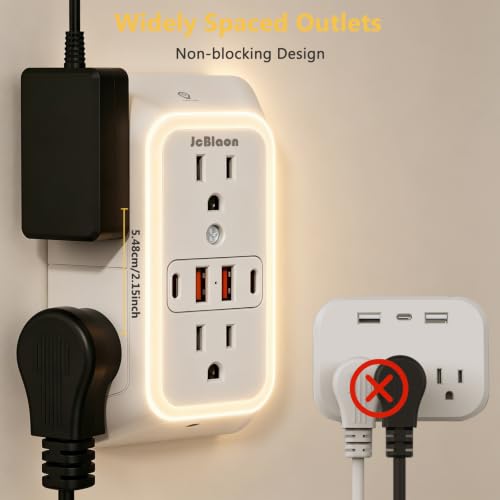 Wall Outlet Extender with Night Light, Power Plug Adapter 6 Outlet Extender with 4 USB Charging Ports 1050J Power Strip Multi Plug Adapter Spaced for Home Travel Office (2U2C)-ETL - color: White-1Pcs