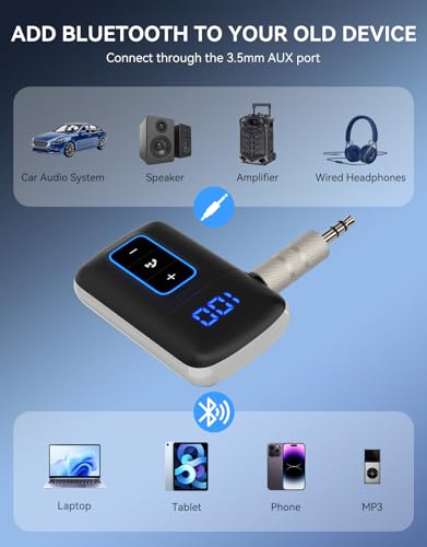 Bluetooth 5.3 AUX Receiver for Car, LED Screen, Noise Cancelling