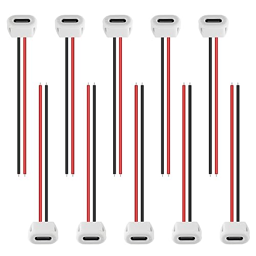 10PCS Type-C Female Chassis Waterproof 2P Solder Wire Type USB C Pigtail Cable Extension Power Cable USB-C Plug to 2 Pin Bare Wire Open End Connector White - style: C
