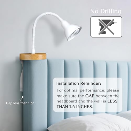 Solfres Patented Innovative Design Headboard Reading Light. No Drilling Golden Book Light for Bedtime Reading. Dimmable LED Book Reading Lamp with Bulb. Movable & Flexible, White - color: White, size: M