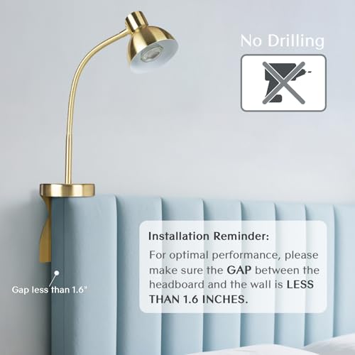 Solfres Patented Innovative Design Headboard Reading Light Pro. No Drilling Book Light for Bedtime Reading. Dimmable LED Book Reading Lamp with Bulb. Movable & Flexible, Gold - color: Gold, size: L