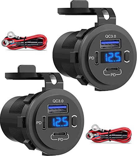 2 Pack 12V USB Outlet, QC3.0 & PD Dual Car Charger with Voltmeter & Switch - color: 2PD+1QC
