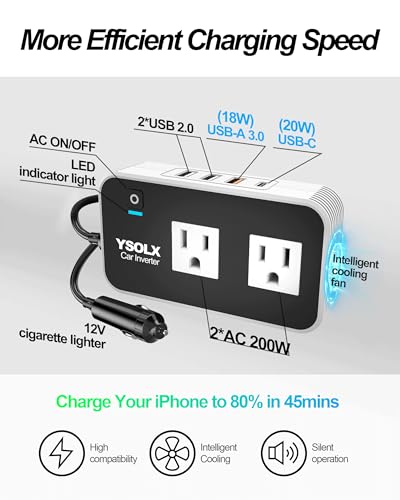 YSOLX 200W Car Power Inverter 12V to 110V for Vehicles, Car Plug Adapter Outlet with 4 USB Fast Charger, Car Charger Cigarette Lighter Adapter for Phone, Laptop on Road Trip (Pack of 2) - size: 200W (Pack of 2)