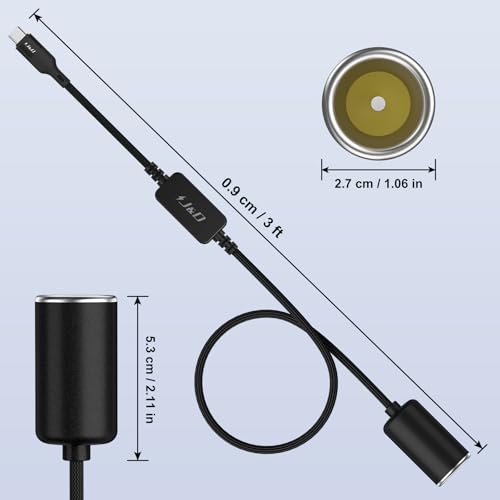 J&D USB C Male to 12V Car Cigarette Lighter Socket Female Converter Cable, 12V 18W Power Cable for Dash Cam, GPS, Car LED Light Strips, Black, 3 ft - color: Black, size: 3 ft