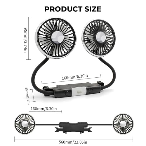 Car Fan for Backseat for Kids, Dual Head 360 Rotatable Cooling Fan with 3-Speed and Reading Light, USB Fan That Blows Cold Air for Car SUV RV Truck without AC, Silver