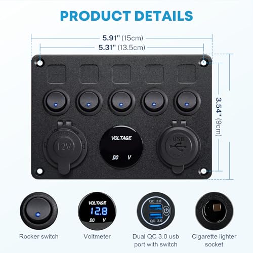 Kohree 5 Gang 12V Marine Switch Panel, Waterproof Boat Rocker Switch Panel - style: 5 Gang