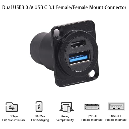 PENGLIN 5PCS USB3.0 & USB C 3.1 Connector, Dual USB Panel Mount Adapter - color: Black, size: 5PCS