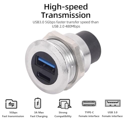 PENGLIN 2PCS Dual USB Panel Mount Adapter, USB-C 3.1 & USB 3.0 Female to Female Bulkhead Socket - 10Gbps Data, Fast Charging for Car, Home, Industrial Use (Pack of 2) - color: Silver&Black, size: 2PCS (Pack of 2)
