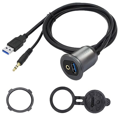 SinLoon USB 3.0 & 3.5mm Car Mount Flush Cable 3.3FT USB 3.0 Flush Mount Cable AUX Extension Dash Panel Waterproof Mount Cable for Car, Boat, Motorcycle