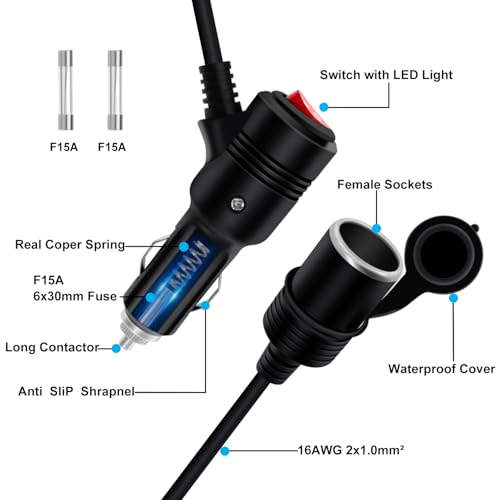 Cigarette Lighter Cable with On Off Switch 12V 24V Cigarette Lighter Extension Heavy Duty 16AWG 15A Fuse with LED Light, Waterproof Cover Suitable for Cars, Motorcycles, Boats (0.5 m/1.6FT) - size: 0.5 m/1.6FT