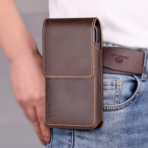 ykooe Leather Phone Holster for iPhone 17 16 15 14 13 12 Galaxy S25 S24 S23 - color: Dark Brown, size: L