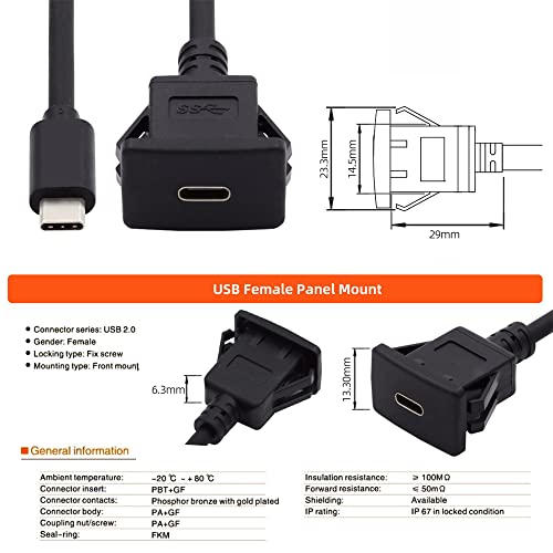 Waterproof Dustproof USB-C Type-C USB 3.1 10Gbps Extension Flush Car Latch Mount Extension Cable for Dashboard Panel - style: Panel Mount
