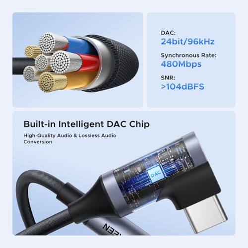 UGREEN Right Angle USB C to 3.5mm Audio Adapter Type C Aux Headphone Jack