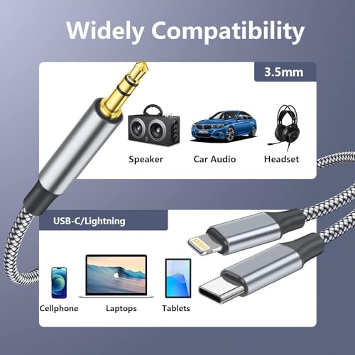 Aux Audio Cable for iPhone, 2 in 1 USB C to 3.5mm Aux Audio Lightning to 3.5mm Audio Cable Fit with iPhone 17 16 15 Plus/14/13/12/11/XR, Galaxy S24/S23/S22, Pixel 8/7/6, iPad to Car Stereo Speaker 4FT - color: Grey